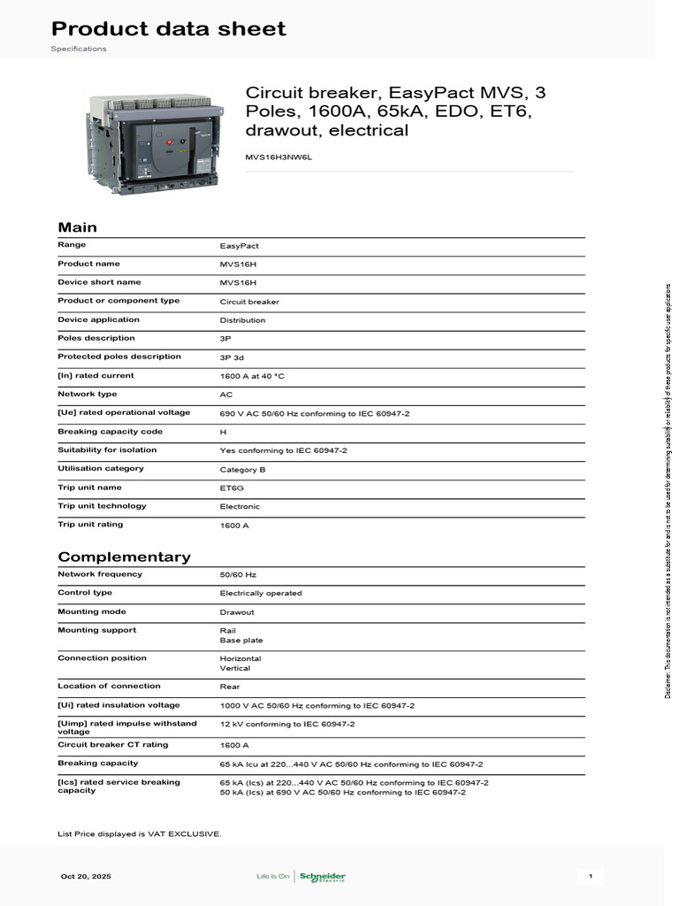 EasyPact MVS 1600A Circuit Breaker Specs | PDF | Alternating Current ...
