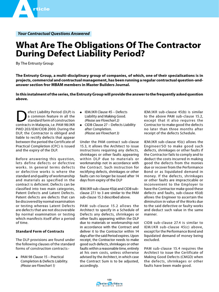 Contractor Obligations in Defect Liability | PDF | Legal Liability ...