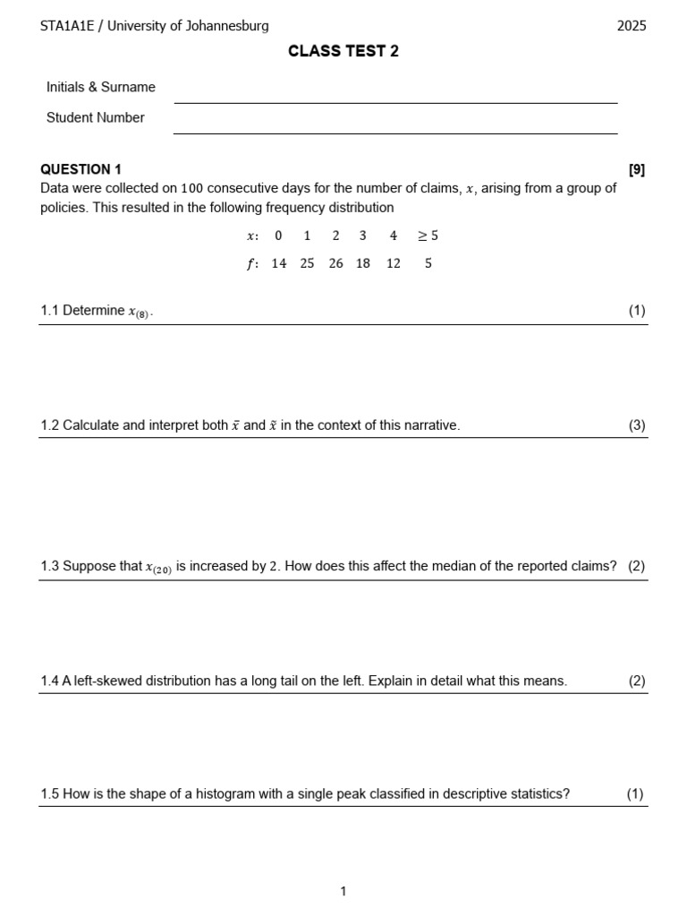 University of Johannesburg Class Test 2 | PDF