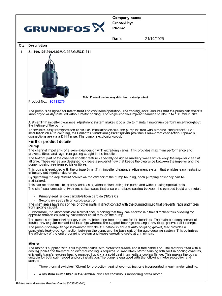 Grundfos S1.100.125.500 Pump Specs | PDF | Pump | Bearing (Mechanical)