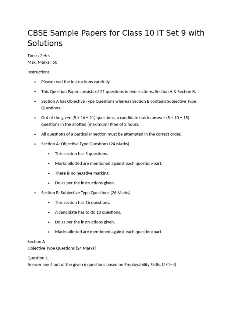 CBSE Class 10 IT Set 9 Sample Paper | PDF