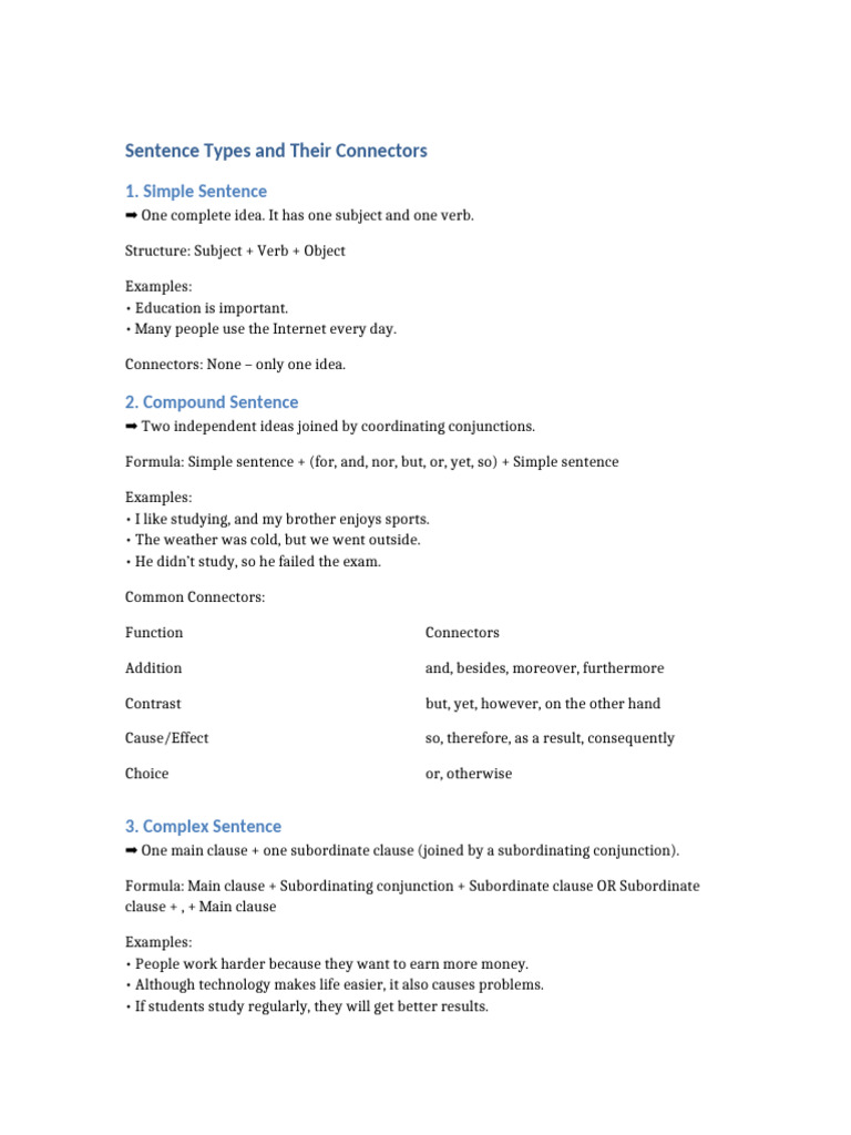Sentence Types and Connectors Guide | PDF | Sentence (Linguistics ...