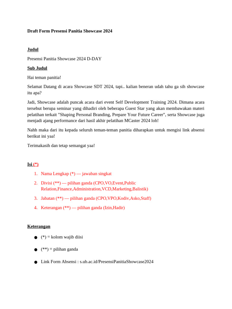 Draft Form Absensi Panitia Showcase 2024 | PDF
