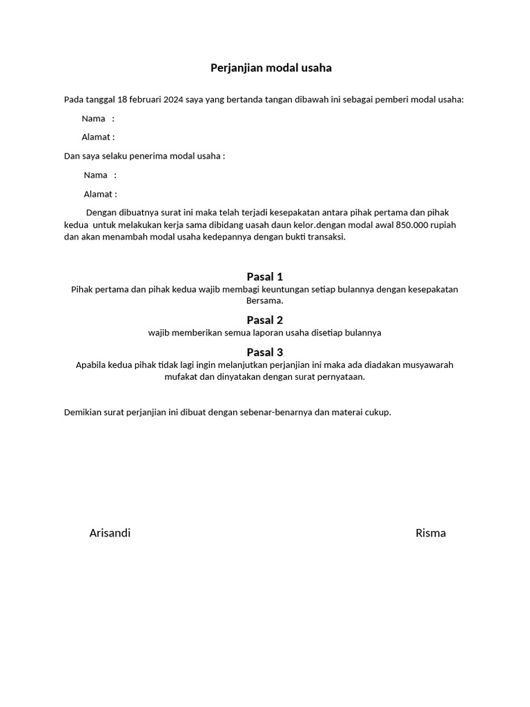 Perjanjian Modal Usaha Daun Kelor | PDF