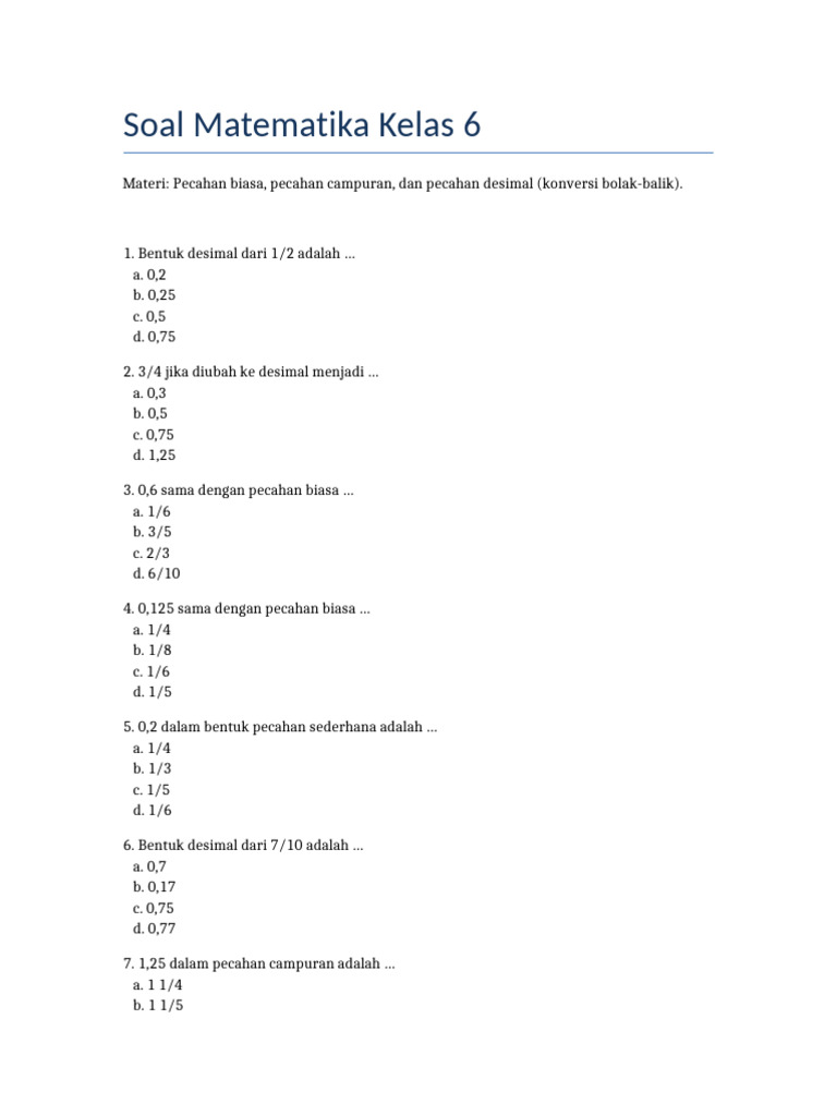 Soal Pecahan dan Desimal Kelas 6 | PDF