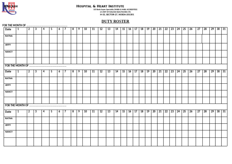 Duty Roster for Kailash Hospital | PDF