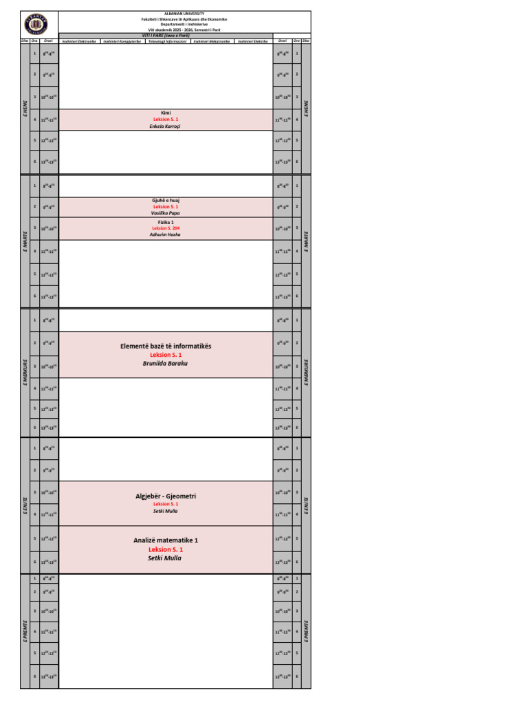 Orari BSc. - Sem. I - V.A. 2025 - 2026 - Java e Parë | PDF