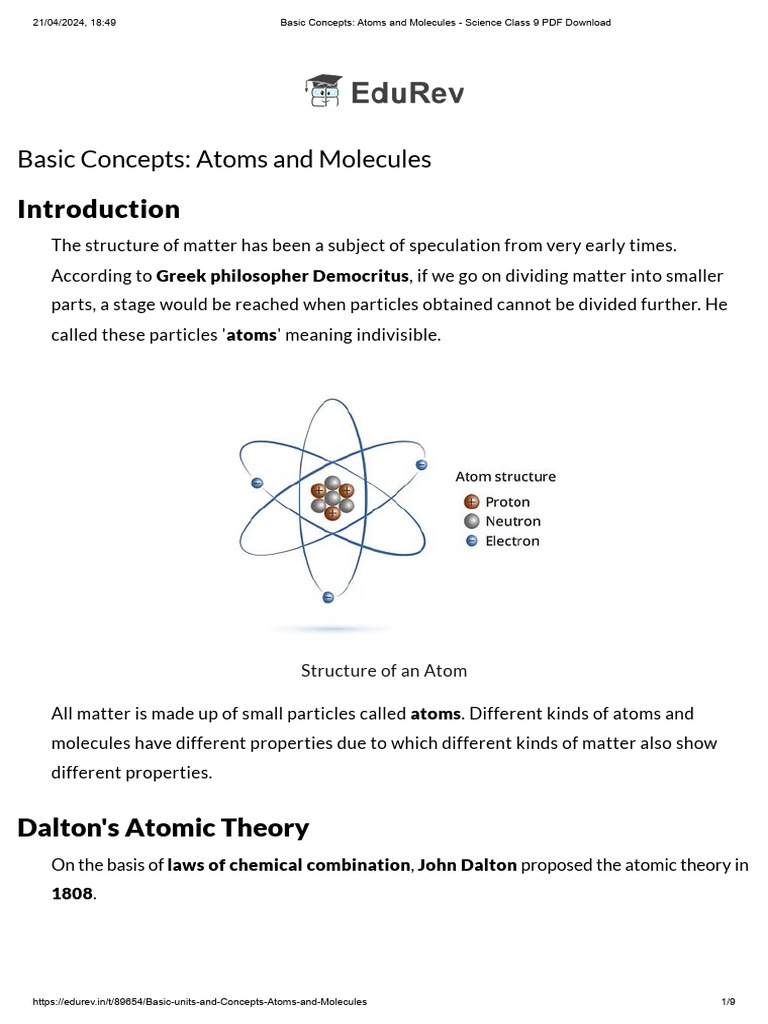 Atoms and Molecules: Class 9 Guide | PDF | Atoms | Molecules