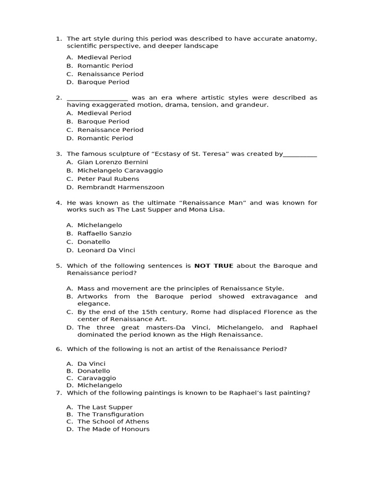 Art Periods: Renaissance to Baroque Quiz | PDF
