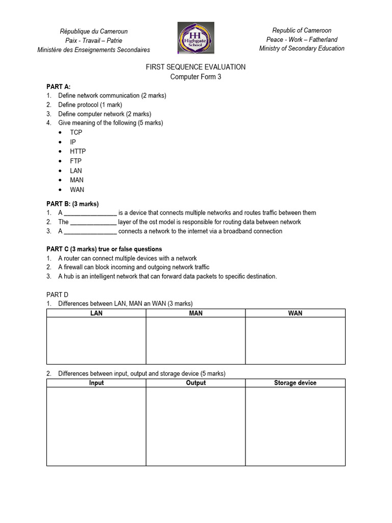 Computer Networking Evaluation for Form 3 | PDF | Computer Network ...