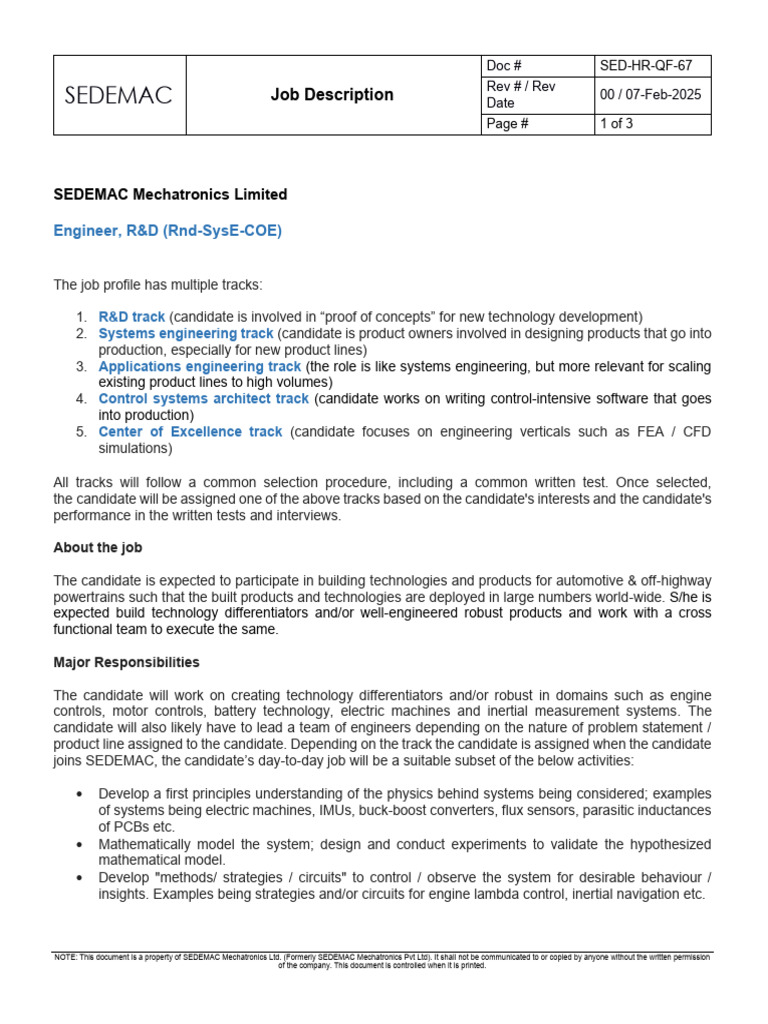 Sedemac - JD - Engineer, R&D (Rnd-Syse-Coe) - 1 | PDF | Simulation ...