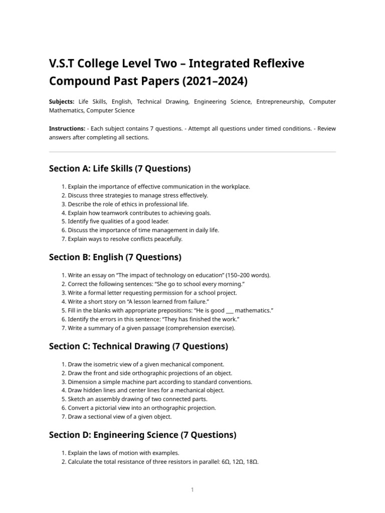 V.S.T College Level Two Past Papers 2021-2024 | PDF | Matrix ...