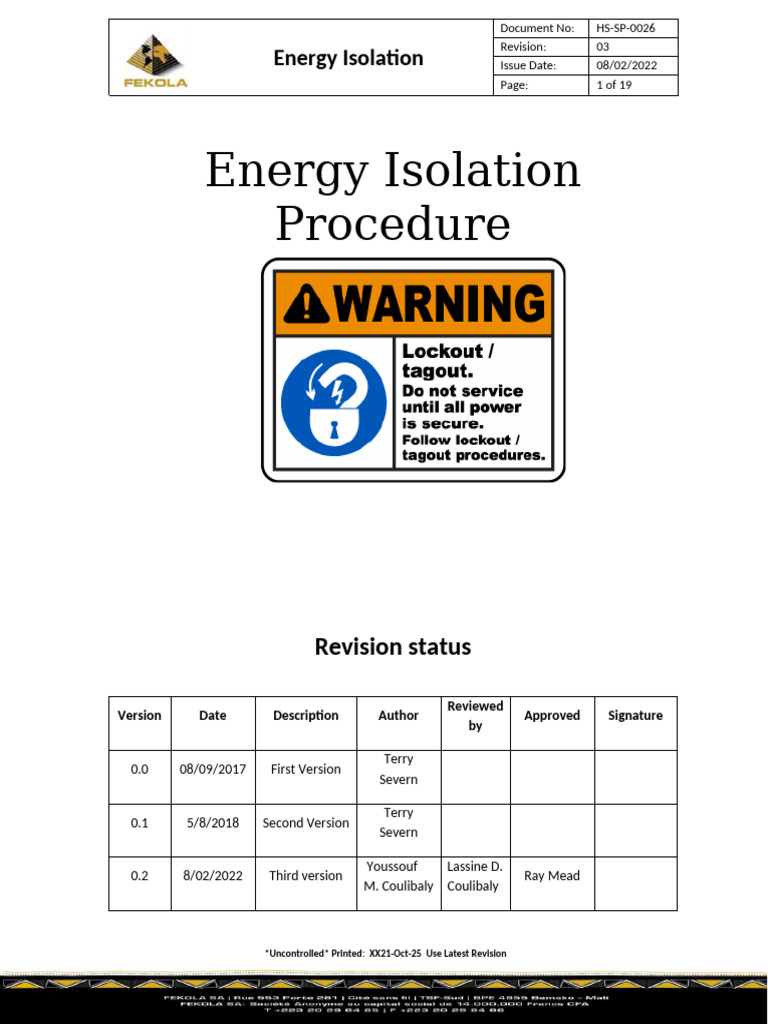 Energy Isolation Procedures Overview | PDF
