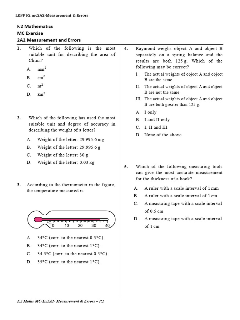 F.2 Maths Measurement & Errors MCQ | PDF | Measurement
