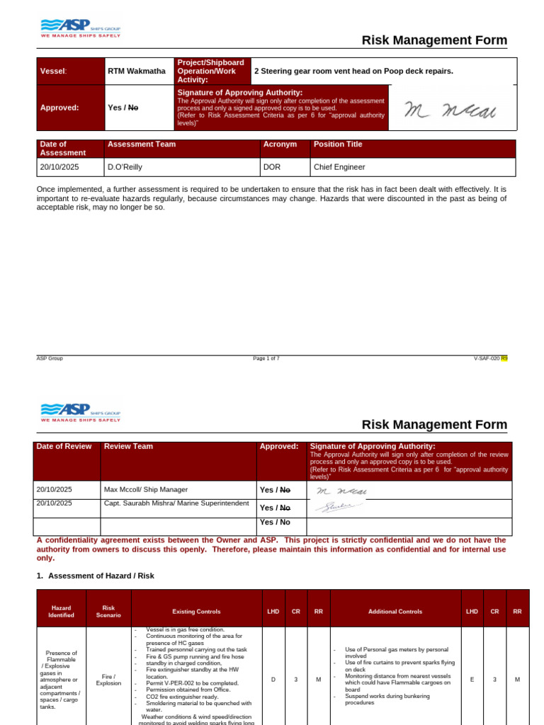 RTM WAKMATHA- V-SAF-020 - Risk Management Form- Steering Gear Room Vent ...