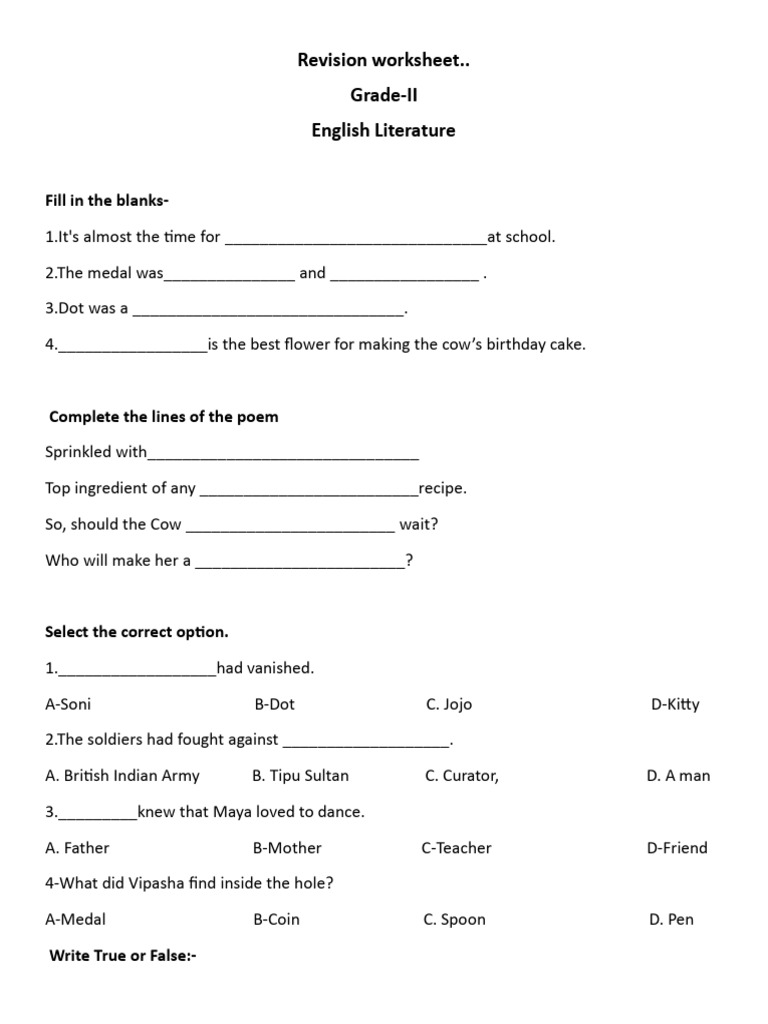 Grade 2 English Literature Revision Worksheet | PDF
