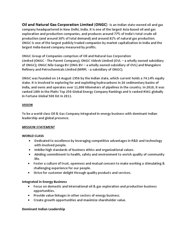 ONGC: Vision, Mission, and Overview | PDF | Economies | Energy And Resource