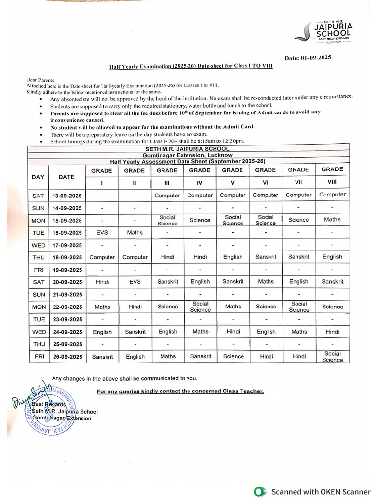 1 To 8 Half Yearly Exam 25-26 Date Sheet | PDF