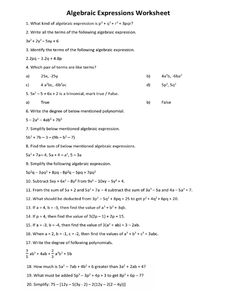 Algebraic Expressions Worksheet-3 | PDF