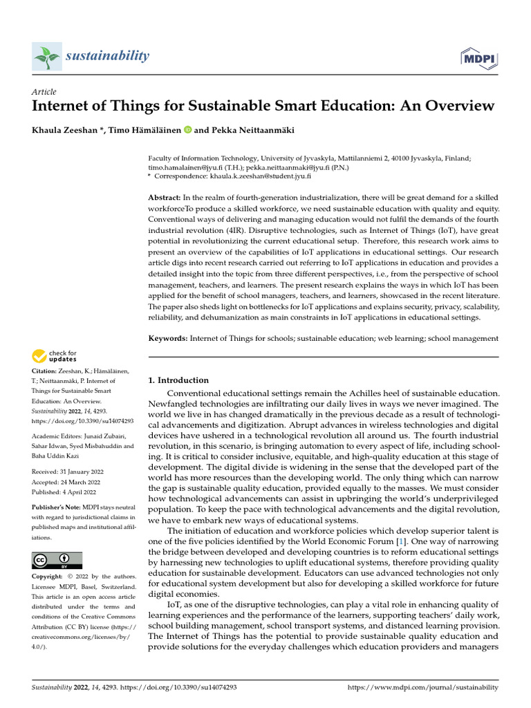 IoT Applications in Sustainable Education | PDF | Internet Of Things ...