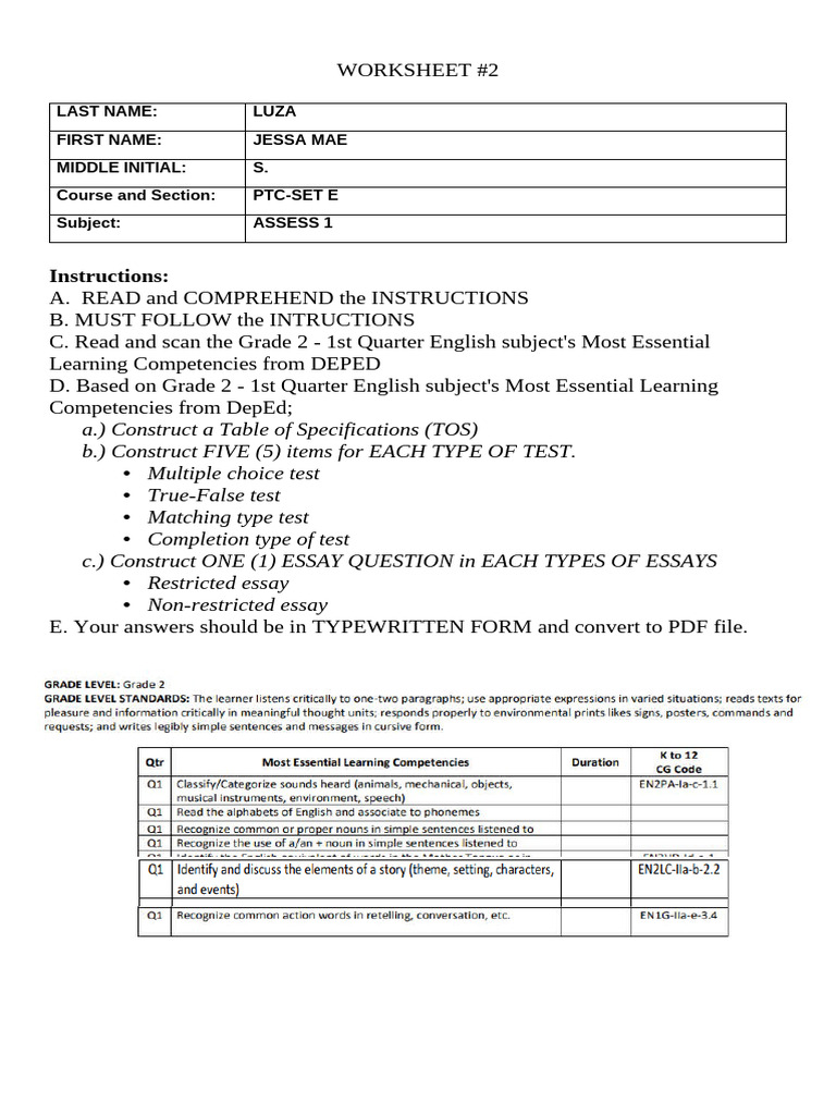 Worksheet #2 - Tos and Test Construction (Chapter 5) | PDF