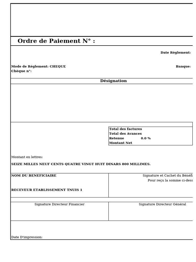 Ordre de Paiement et Détails Financiers | PDF
