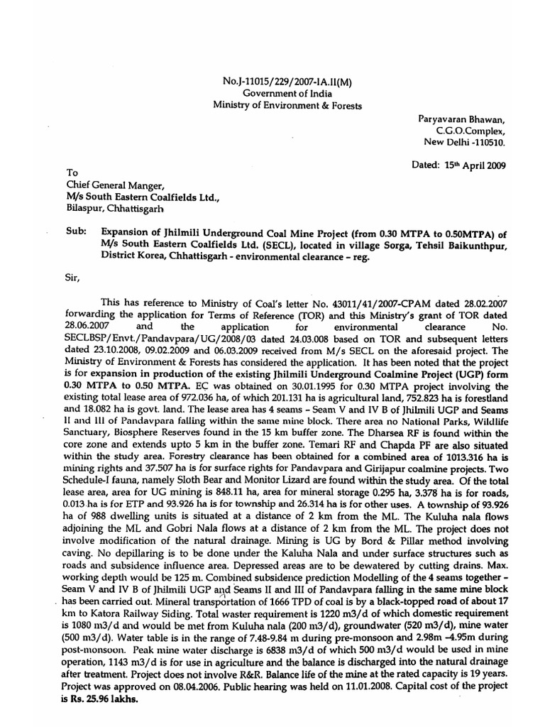 EC Letter Dated 15.04.2009 - Jhilimili UG Coal Mine | PDF | Coal Mining ...