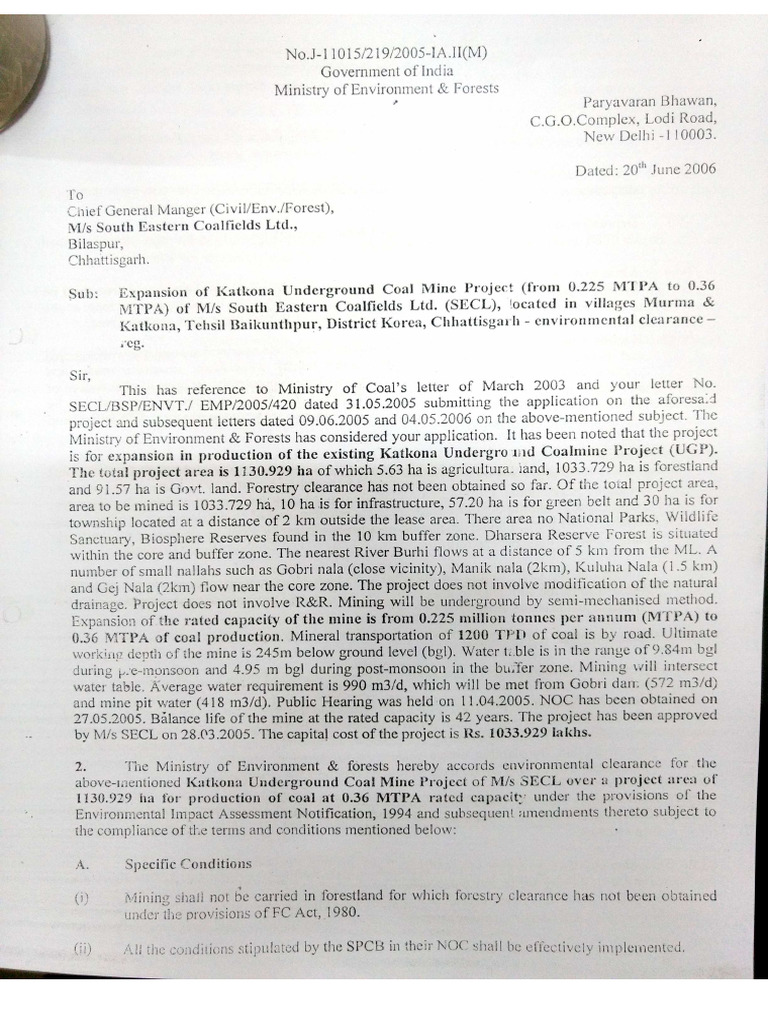 EC Letter Dated 20.06.2006 - Katkona UG Coal Mine | PDF