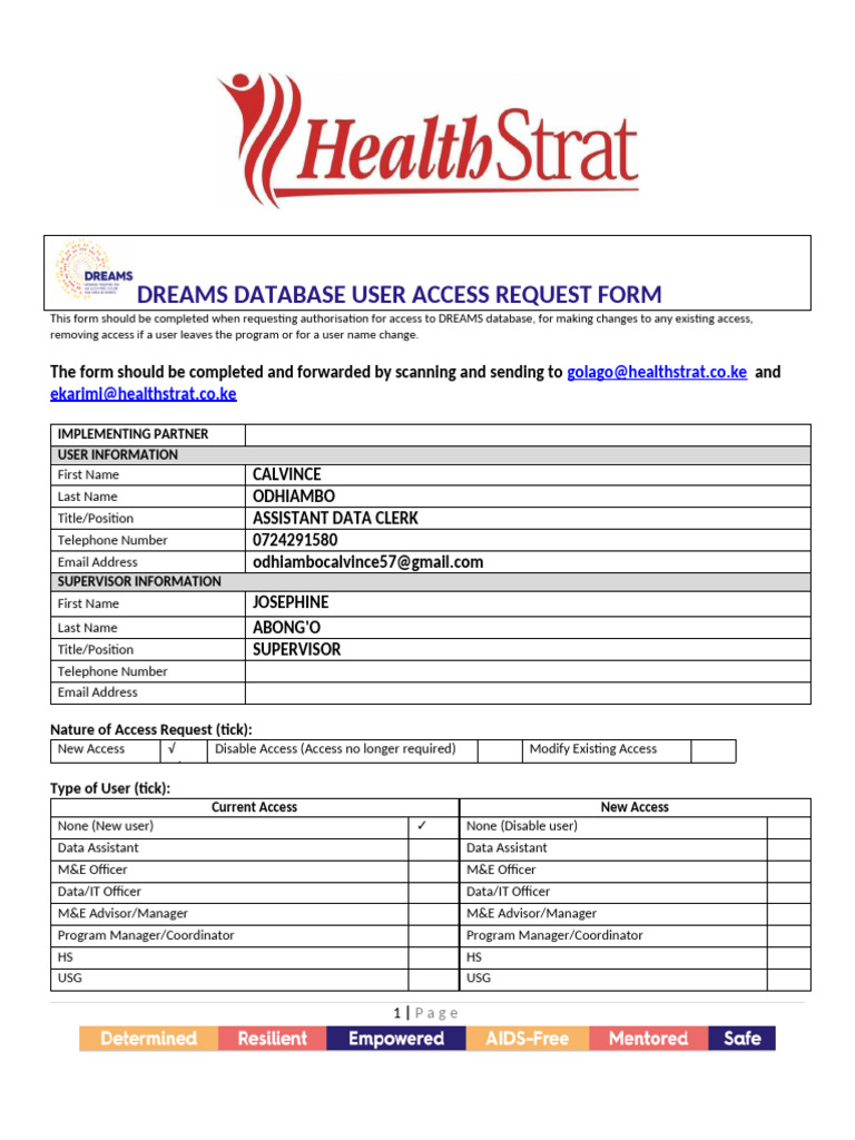 DREAMS Database User Access Form | PDF | Computing | Information Technology