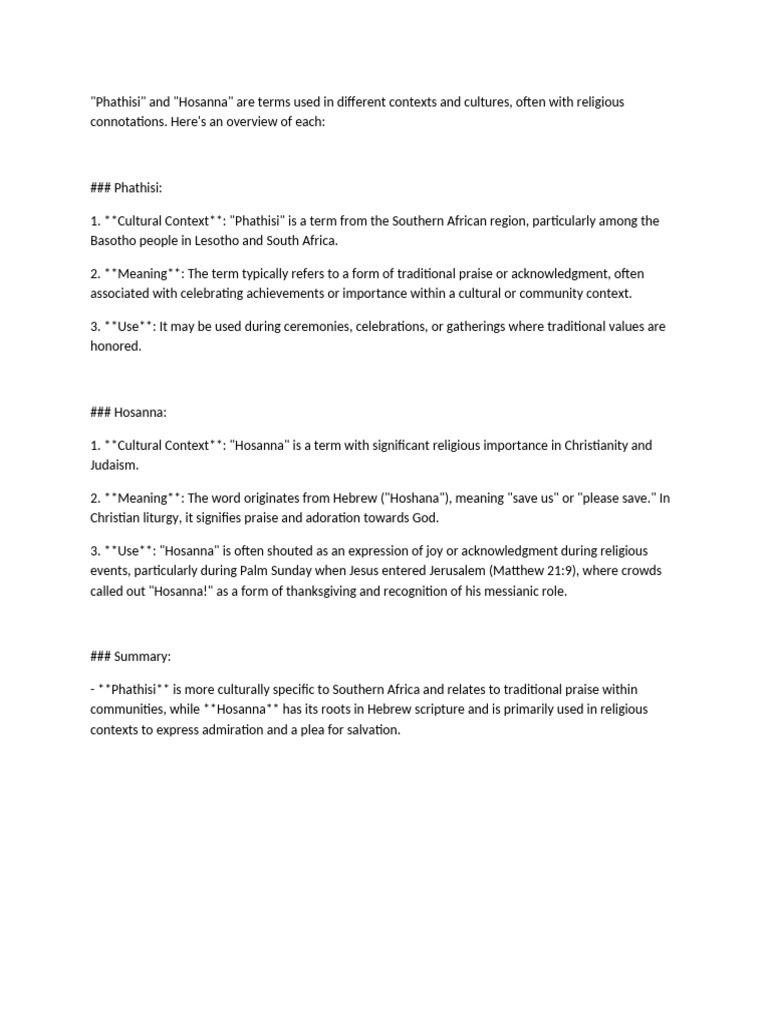 Phathisi vs. Hosanna: Cultural Insights | PDF