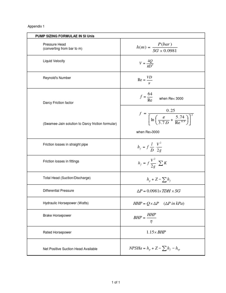 Pump Sizing Equations in SI Units Horsepower Liquids