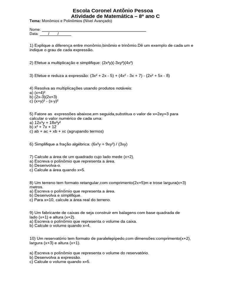 Atividades Avançadas de Monômios e Polinômios | PDF