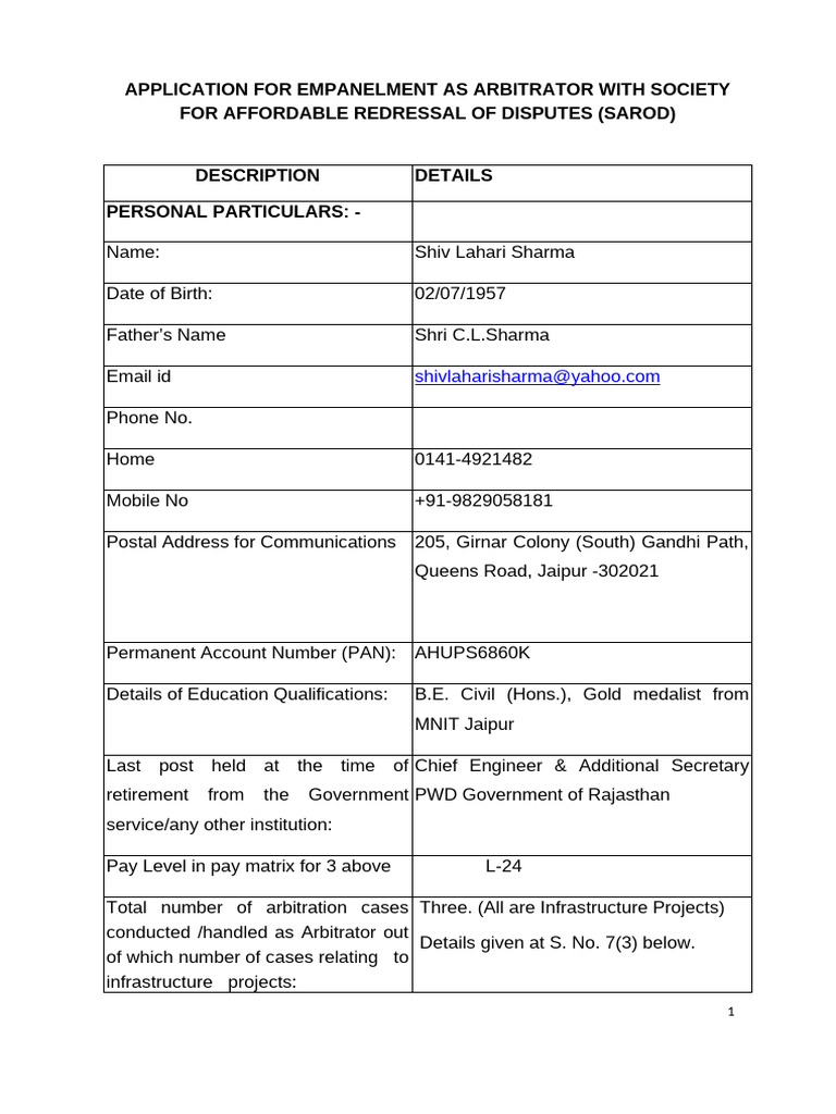 Application for SAROD Arbitrator Empanelment | PDF | Public–Private ...