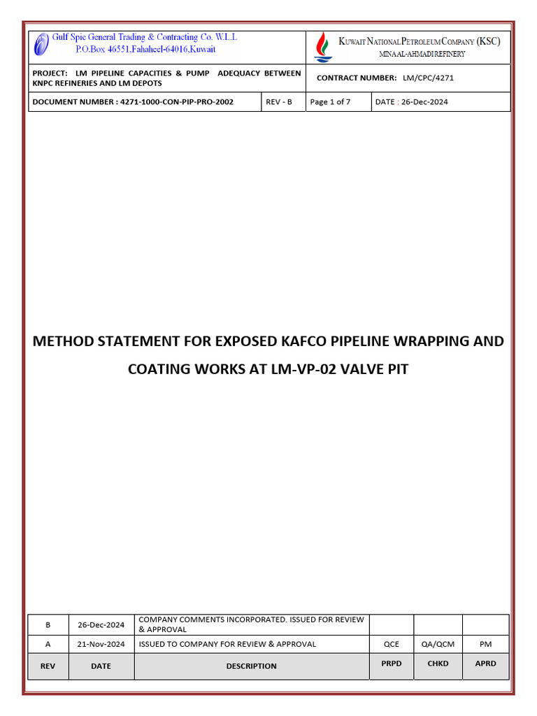 KAFCO Pipeline Coating Method Statement | PDF | Paint | Pipe (Fluid ...