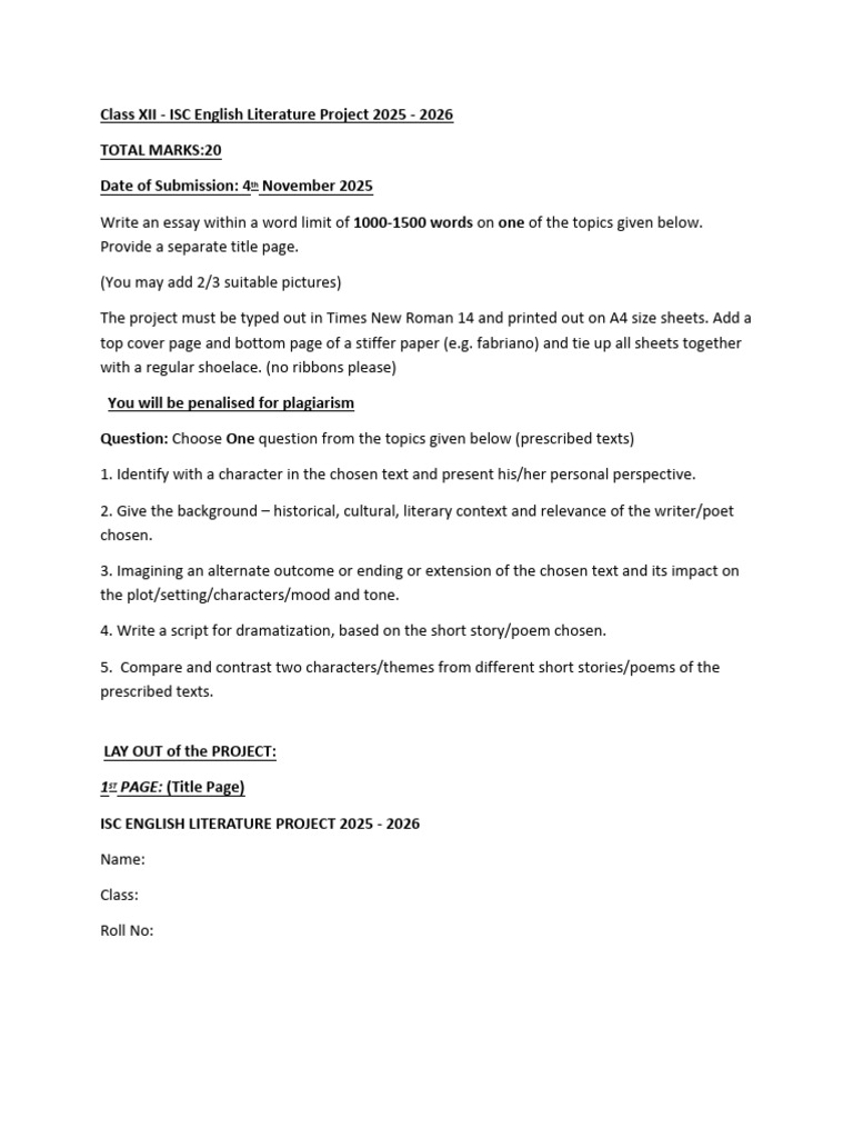 ISC English Literature Project Guide 2025 | PDF