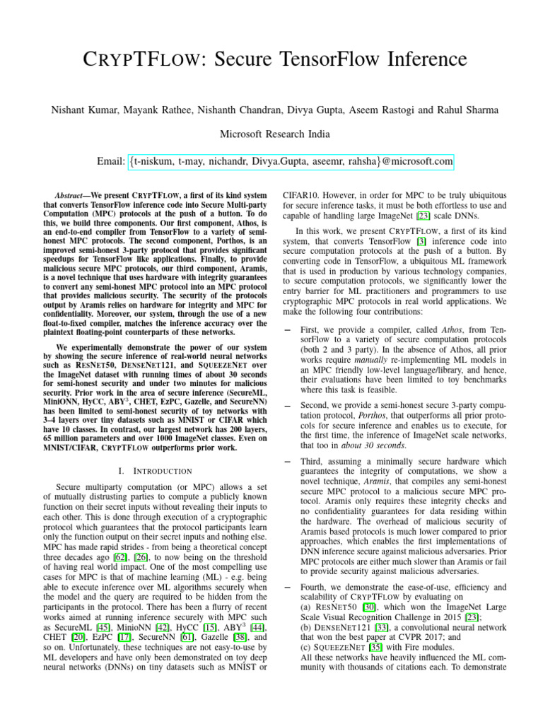 CRYPTFLOW: Secure TensorFlow Inference | PDF | Deep Learning | Applied ...
