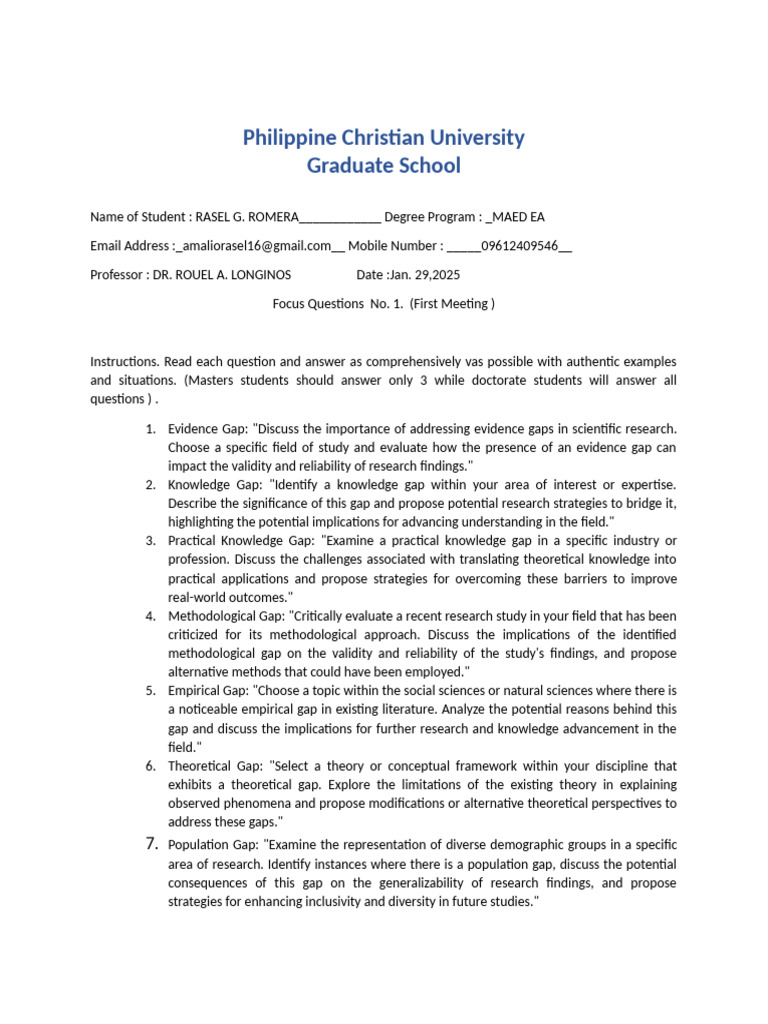 Research Focus Questions No. 1 | PDF | Methodology | Knowledge
