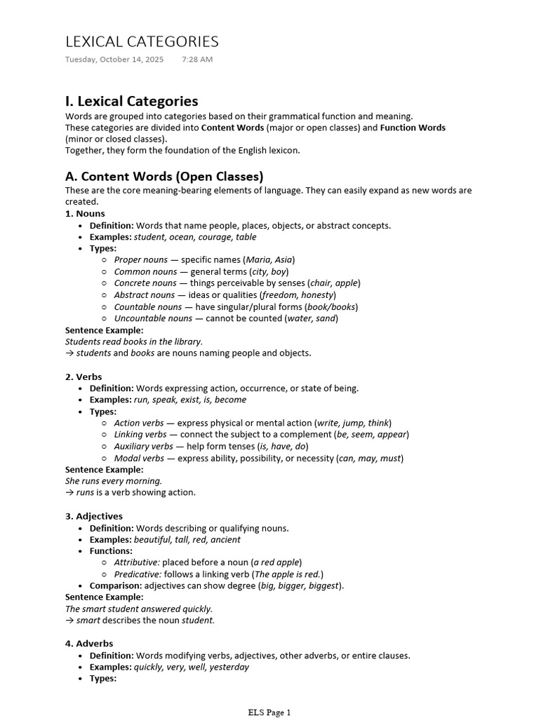 Overview of Lexical Categories | PDF | Verb | Word