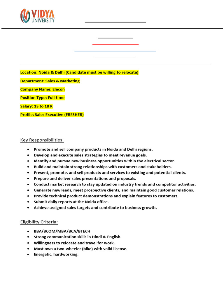 Elecon Sales Executive Job Opening 2025 | PDF
