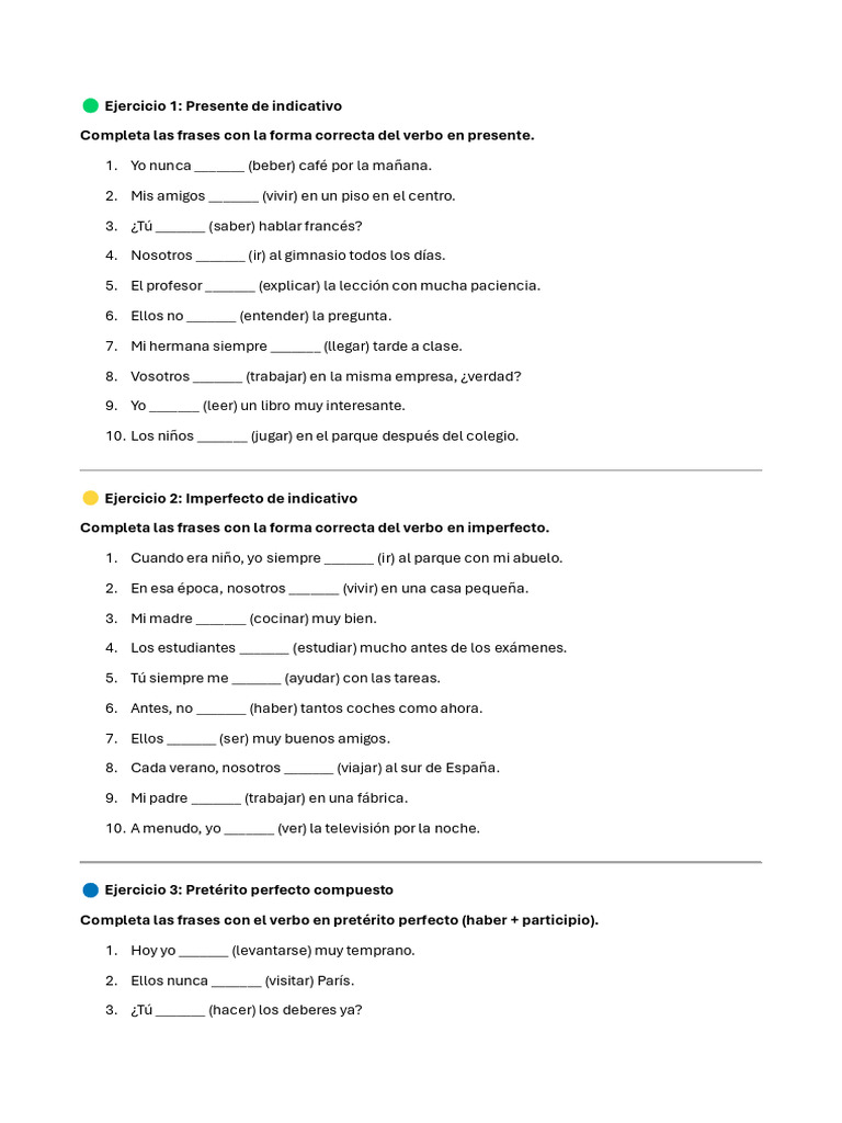 Ejercicios de verbos en español | PDF