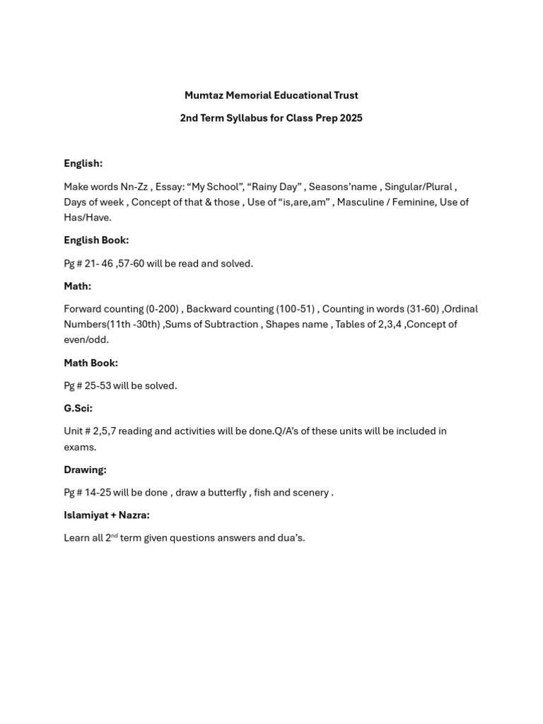Class Prep 2025 2nd Term Syllabus | PDF