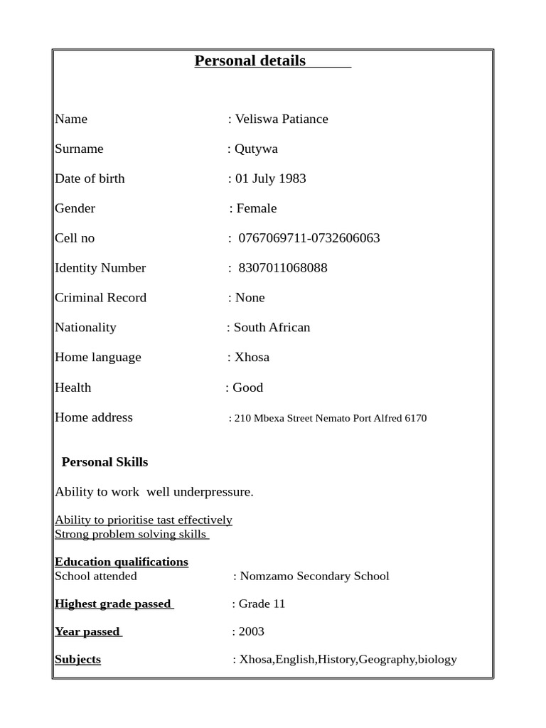 Veliswa Qutywa's Personal Profile | PDF