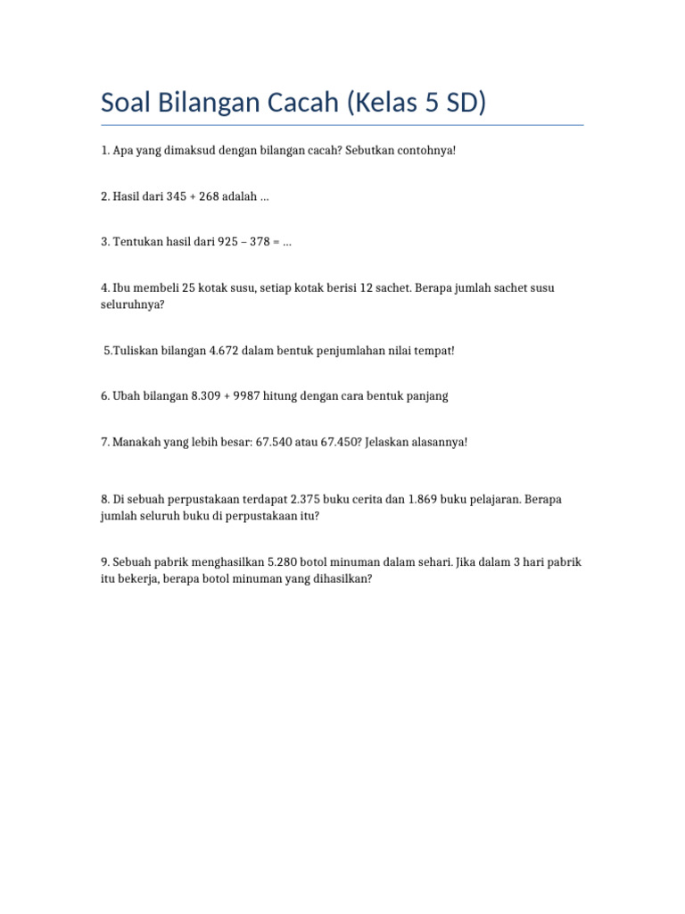 Soal Bilangan Cacah untuk Kelas 5 SD | PDF