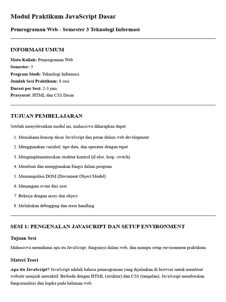 Praktikum JavaScript Dasar untuk TI | PDF