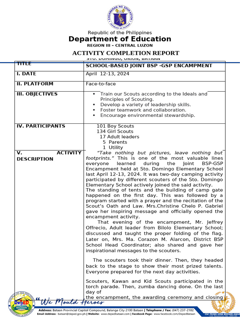 BSP-GSP Encampment Report 2024 | PDF | Scouting | Youth Organizations
