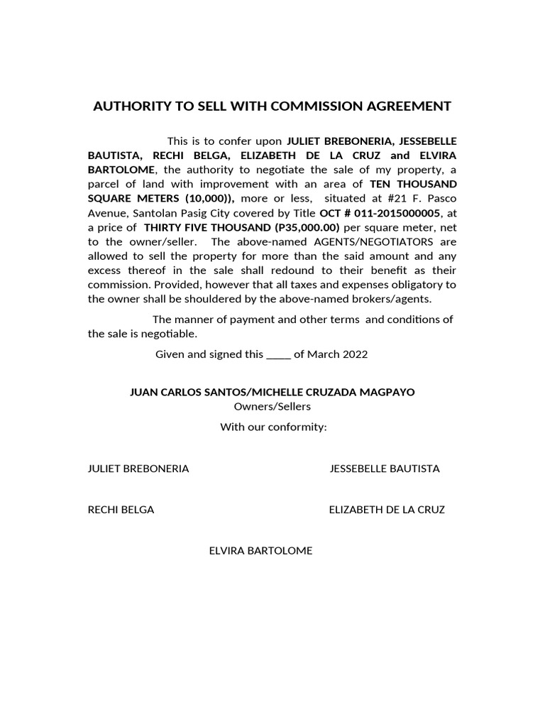 Authority To Sell With Commission Agrmt. | PDF