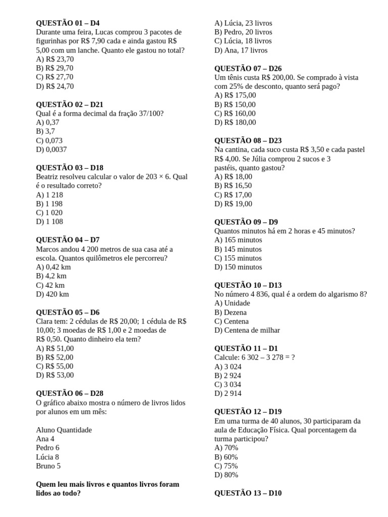 Gabarito Simulado SAEB Matemática | PDF