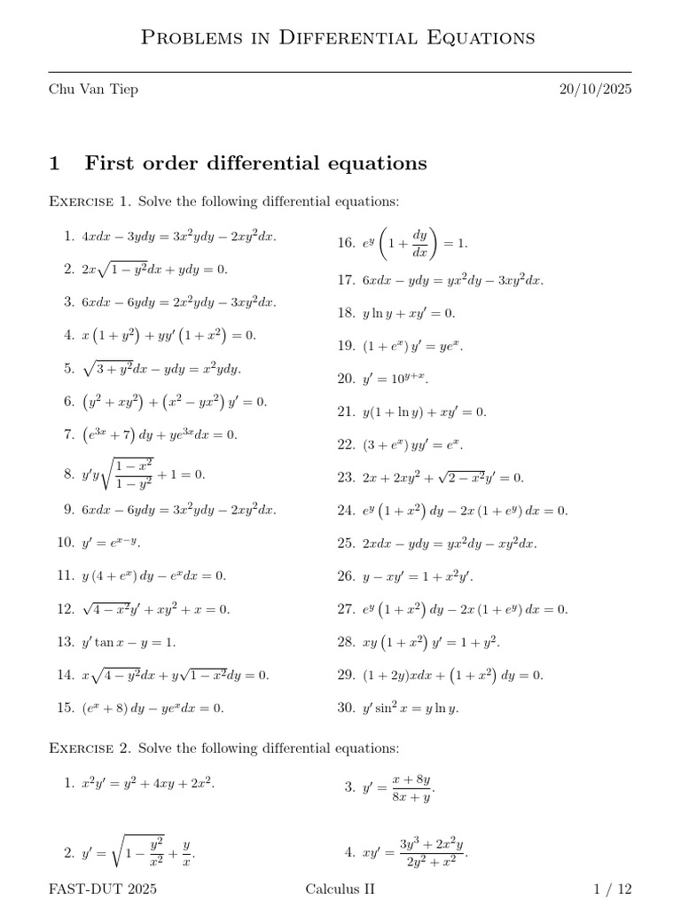 Differential Equations Exercises and Solutions | PDF | Equations ...