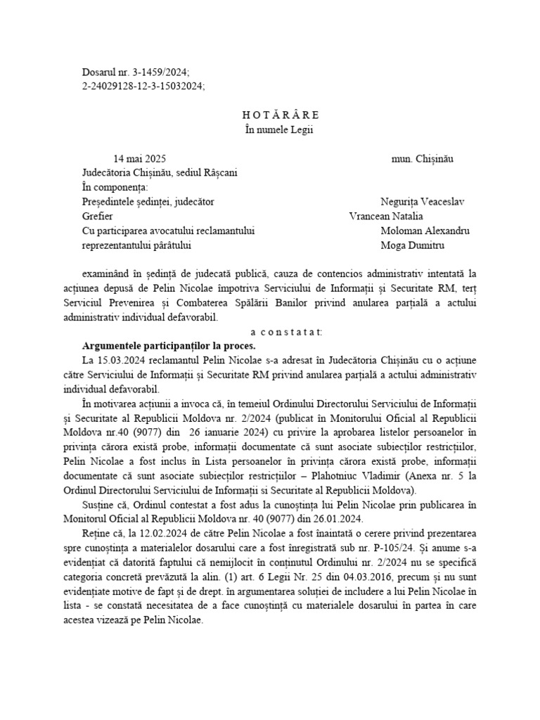 Nicolae Pelin Versus Serviciul de Informatii Si Securitate | PDF