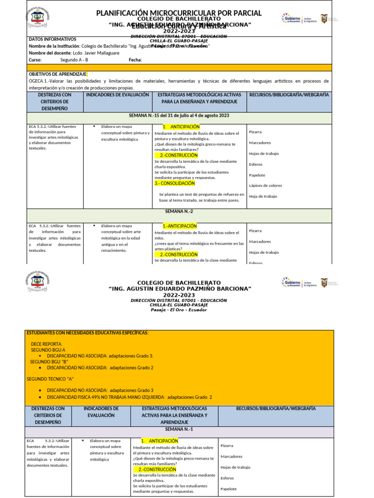 Planificación Microcurricular de ECA SEGUNDO A Y B | PDF | Aprendizaje ...